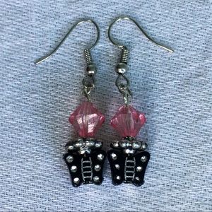 Pink And Black Butterfly Beaded Dangle Earrings